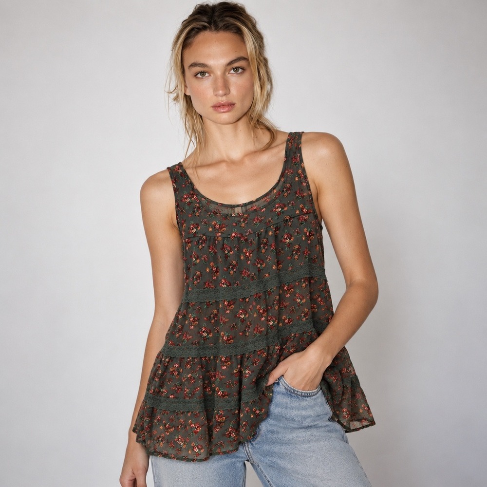 Xhilaration Boho Floral Tiered Tank Top Womens Size S Green Y2K Chiffon Lace
